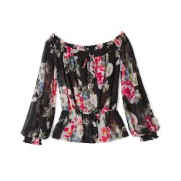 WHBM Off-the-Shoulder Mesh Top L black and red floral - Picture 2 of 7